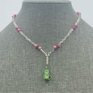 Clear Crystal Bead Necklace Y-Drop Pink Green Accent Beads Silver Tone Boho